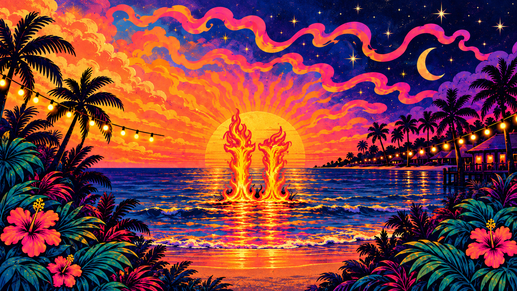 Psychedelic Florida sunset with palms, string lights and two glowing flames